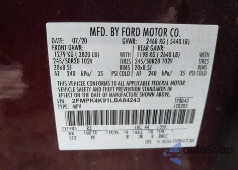 2020 Ford Edge Titanium z USA, uszkodzony, nr VIN 2FMPK4K91LBA84243